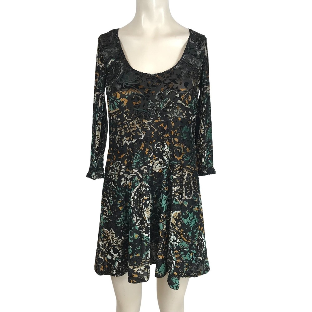 FREE PEOPLE-‎ WOMEN'S SMALL -MULTICOLOR LONG SLEEVE ROUND NECK NYLON BLEND DRESS